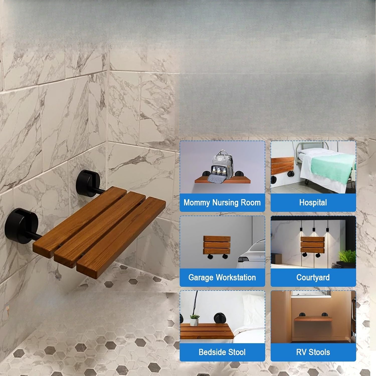 Teak Foldable Wall Mounted Shower Bench