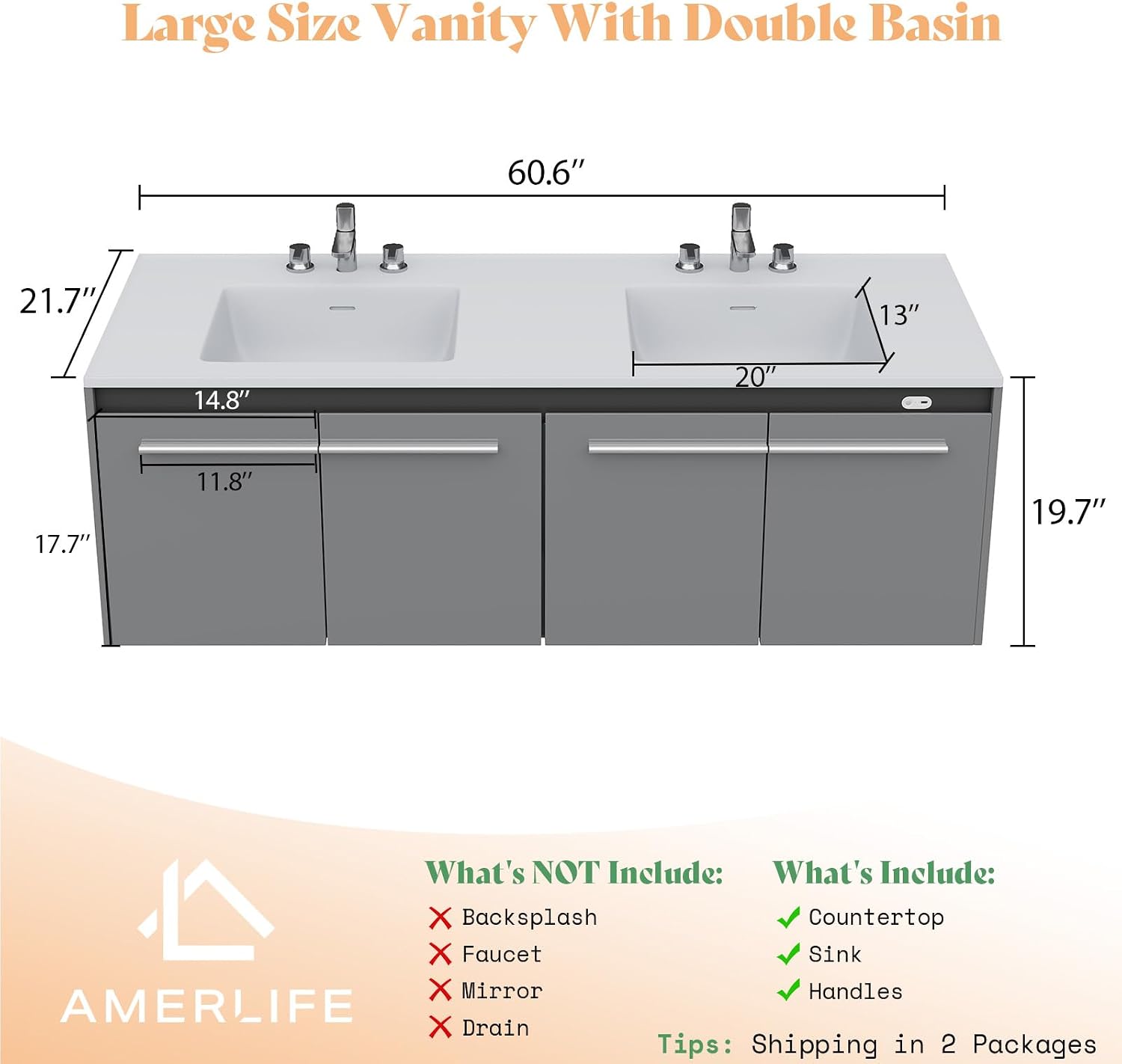 Grey High Gloss LED Floating Double Vanity