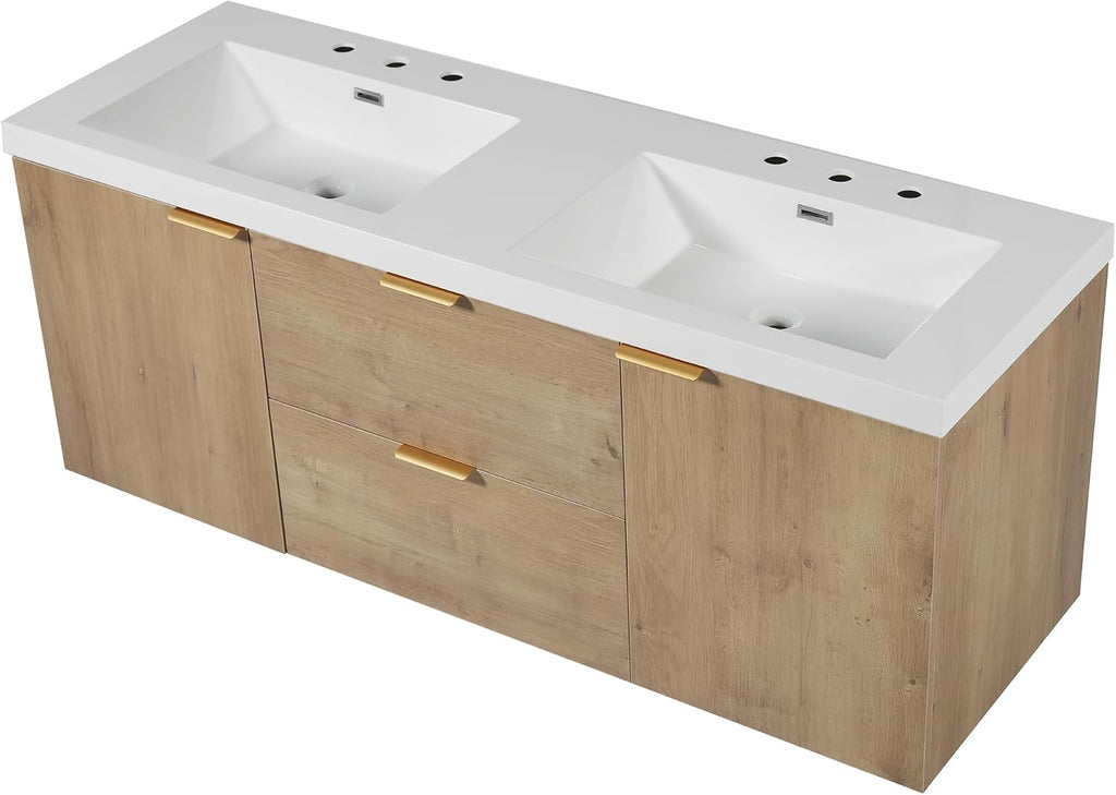Wood Floating Double Sink Vanity with Gold Handles