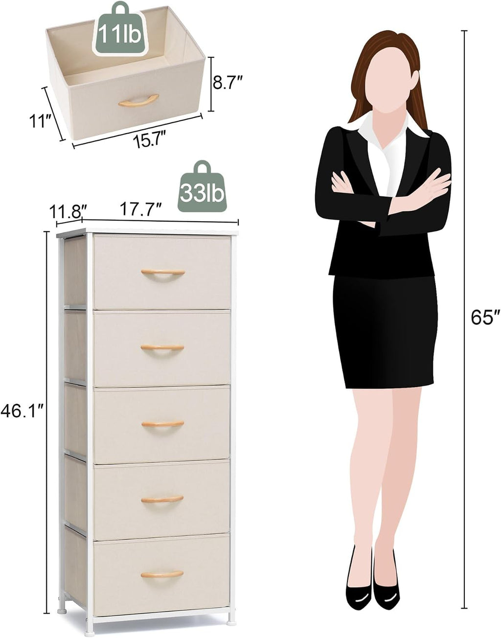 Beige 5 Drawer Vertical Storage Dresser
