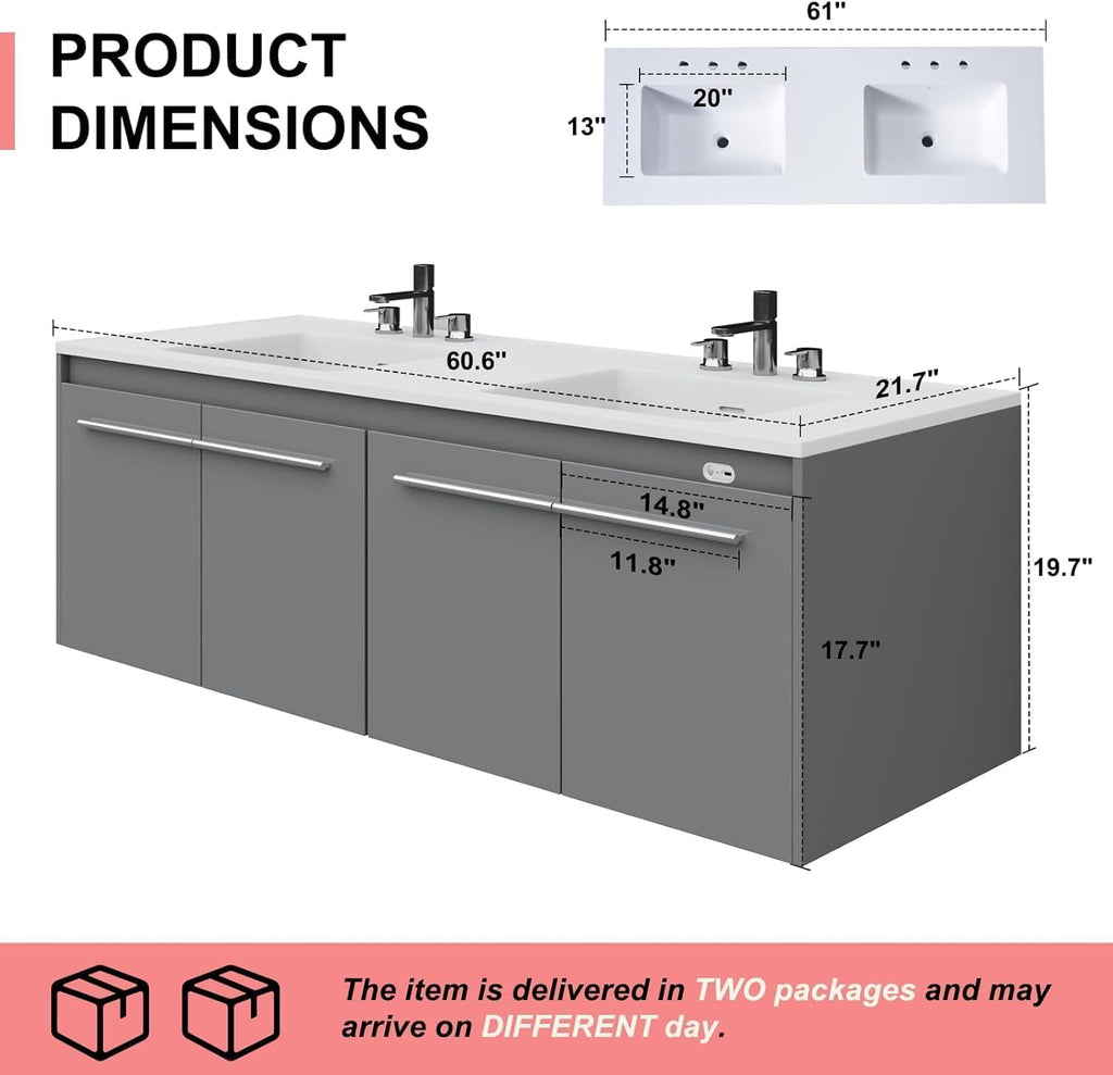 Gray LED Floating Double Sink Vanity