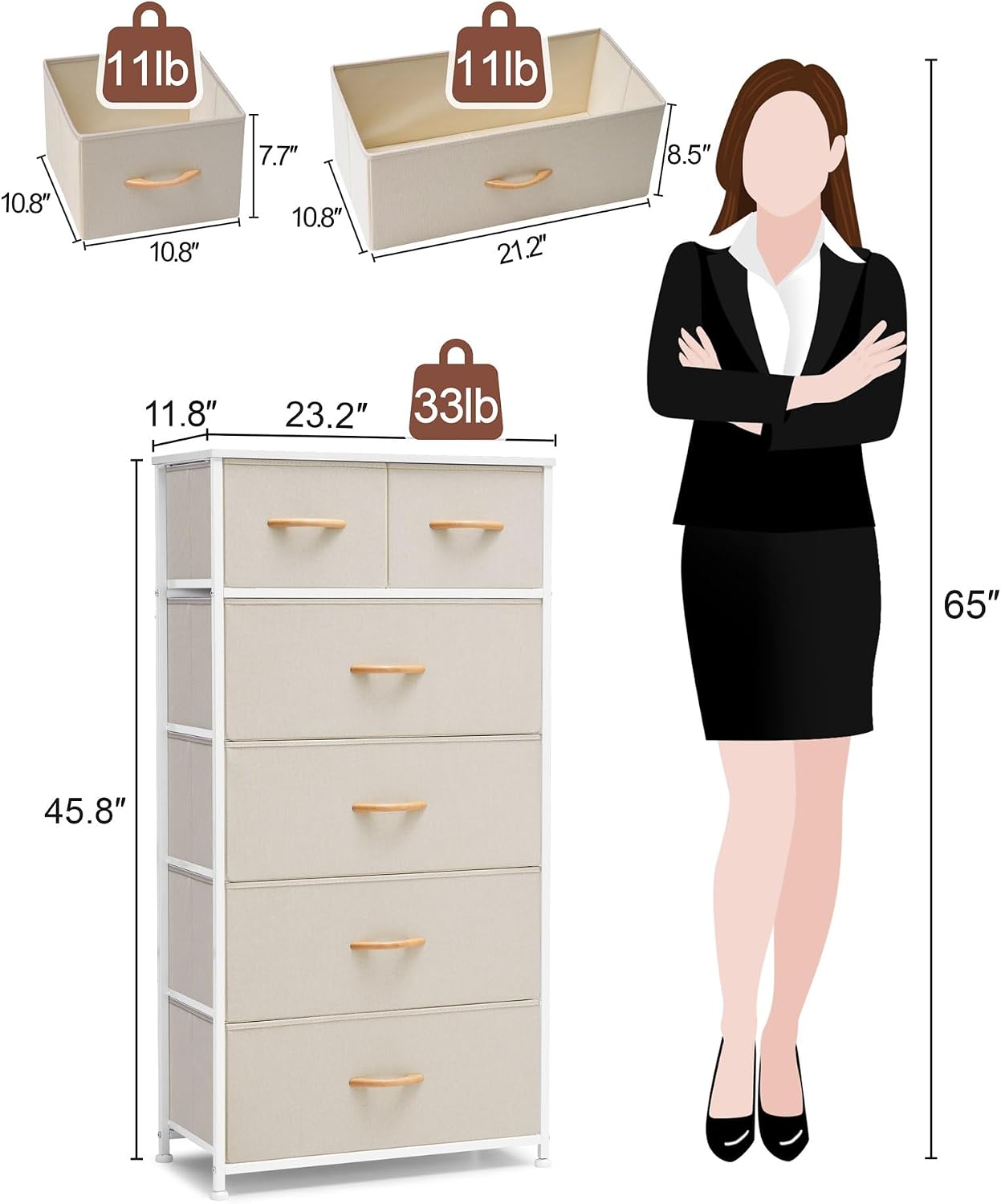 Beige Tall 6 Drawer Storage Dresser