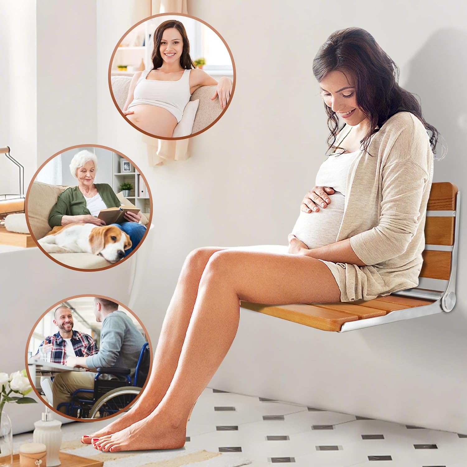 Compact Teak Wall Mounted Foldable Seat