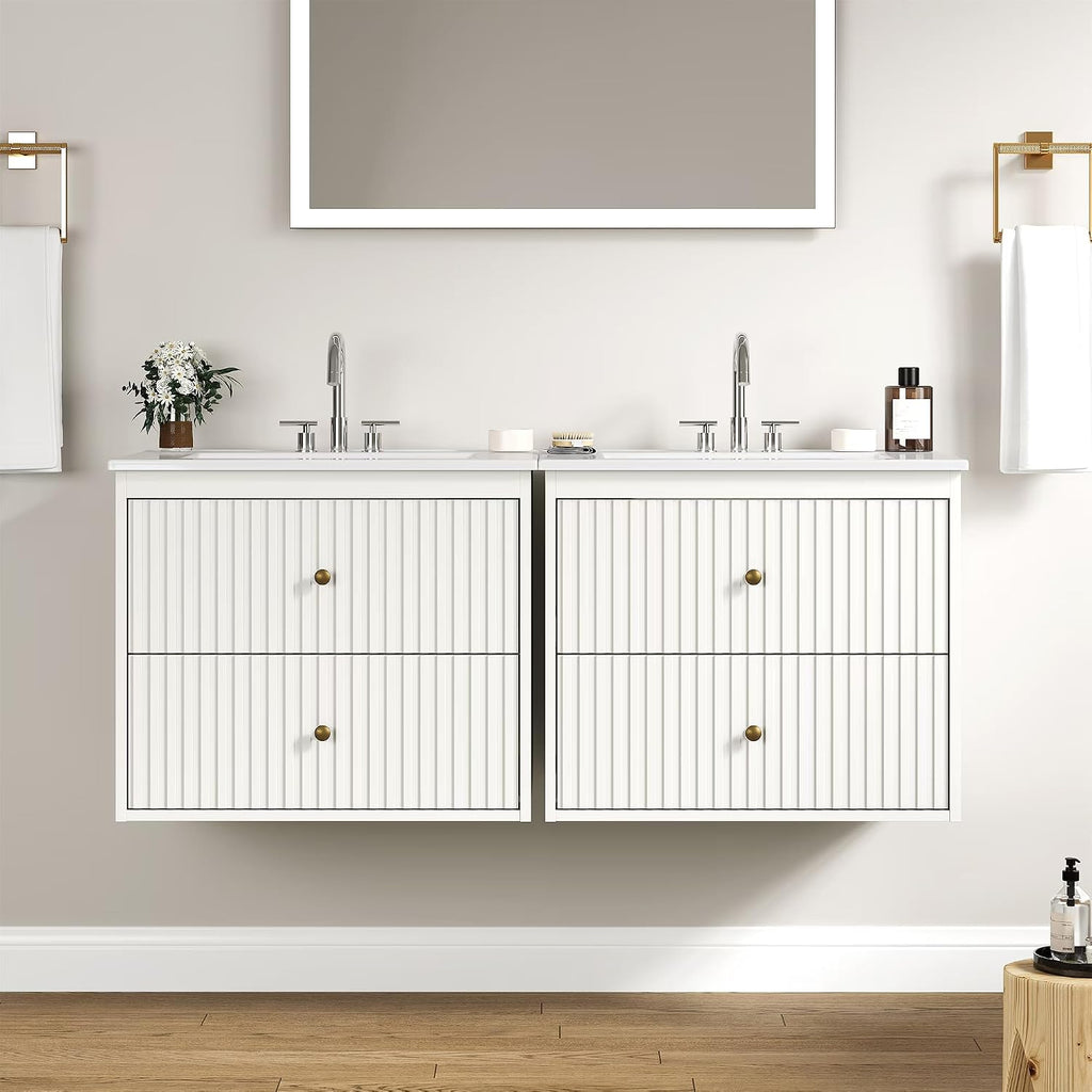 White Fluted Double Sink Floating Vanity