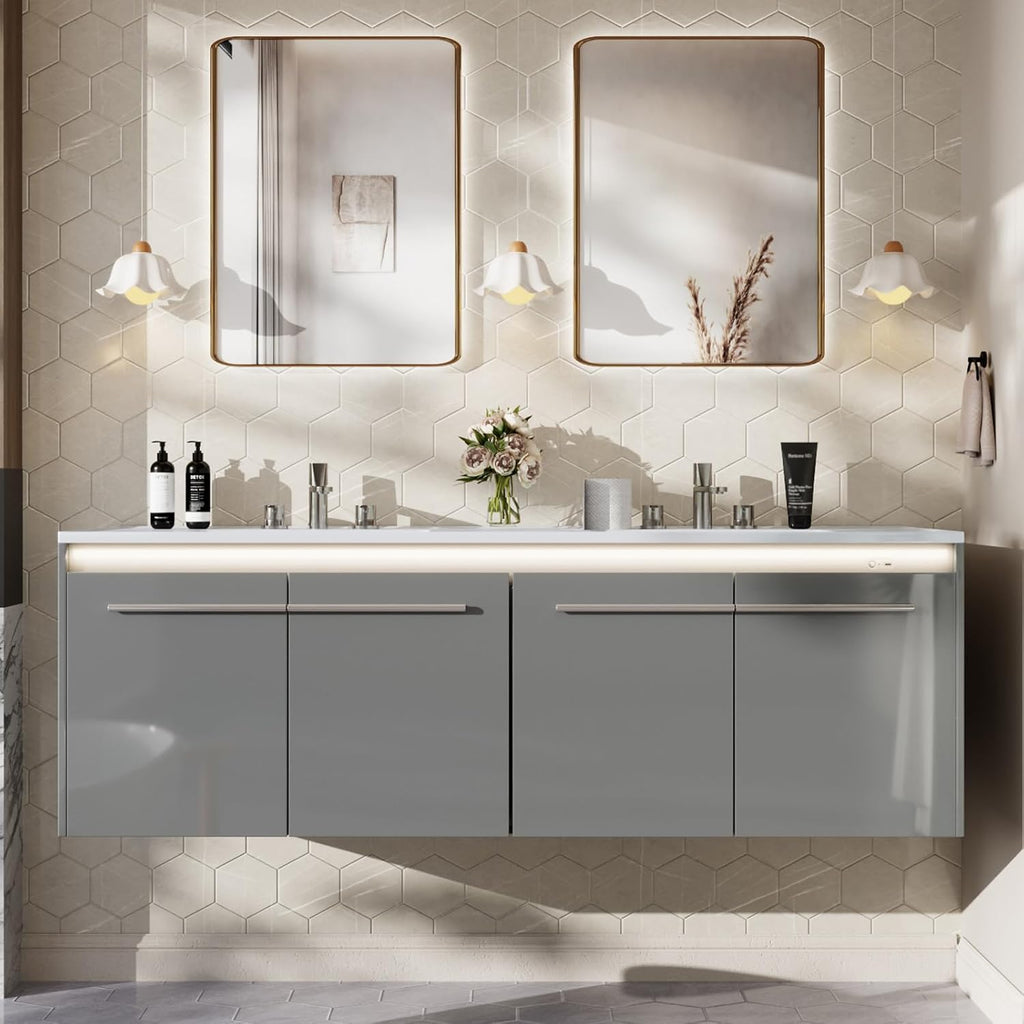 Grey High Gloss LED Floating Double Vanity