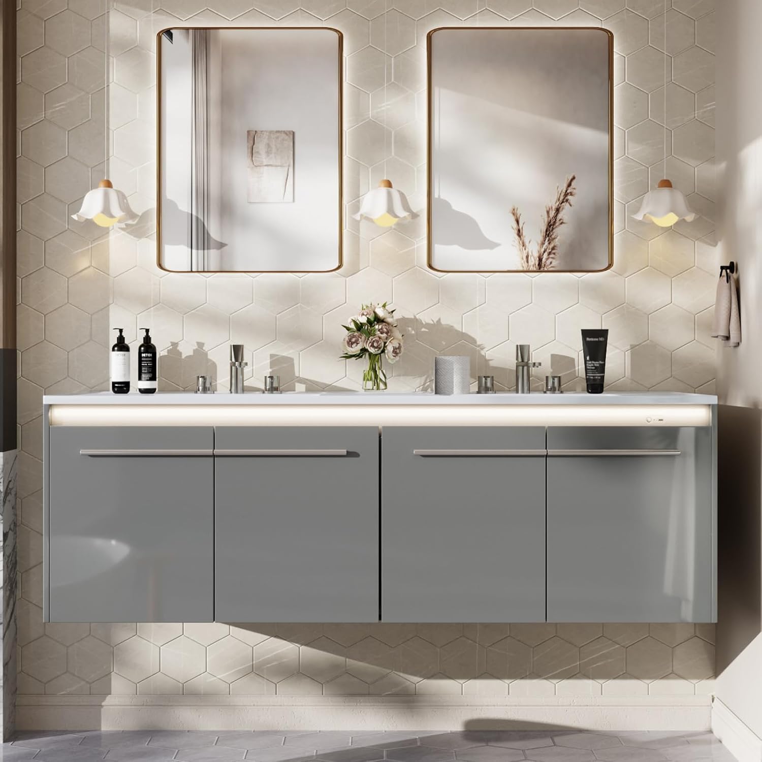 Grey High Gloss LED Floating Double Vanity