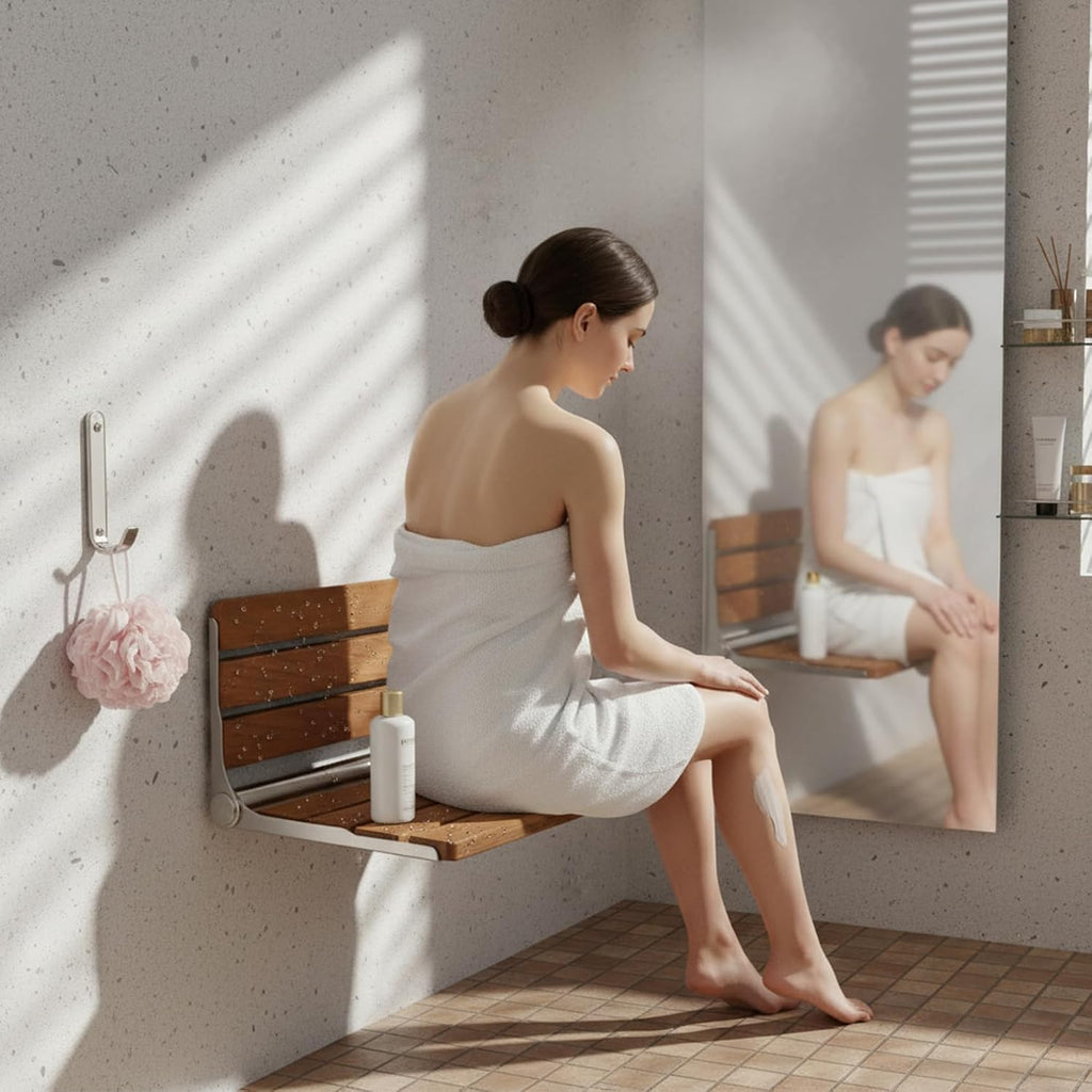 Compact Teak Wall Mounted Foldable Seat