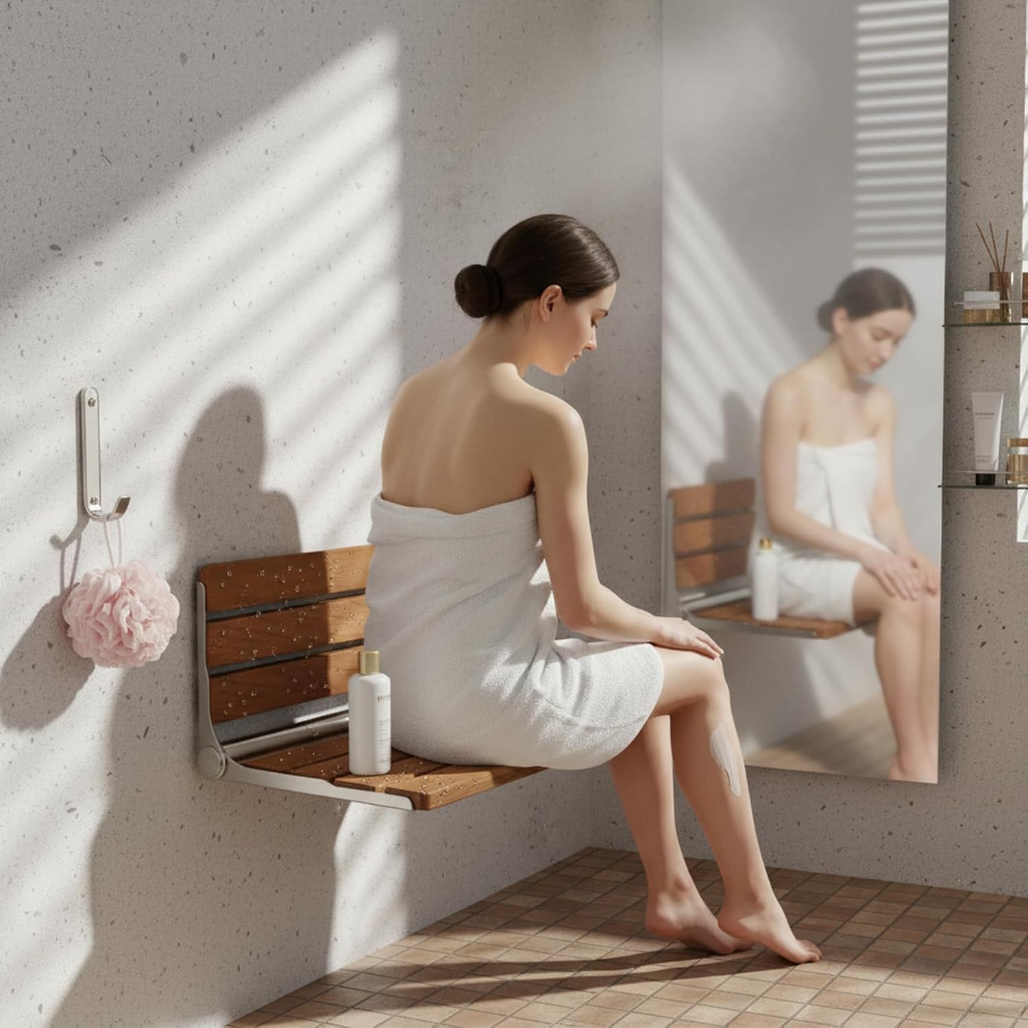 Compact Teak Wall Mounted Foldable Seat