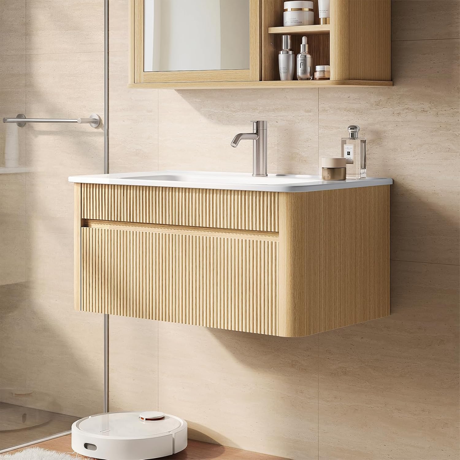 Oak Fluted Wall Mounted Bathroom Vanity