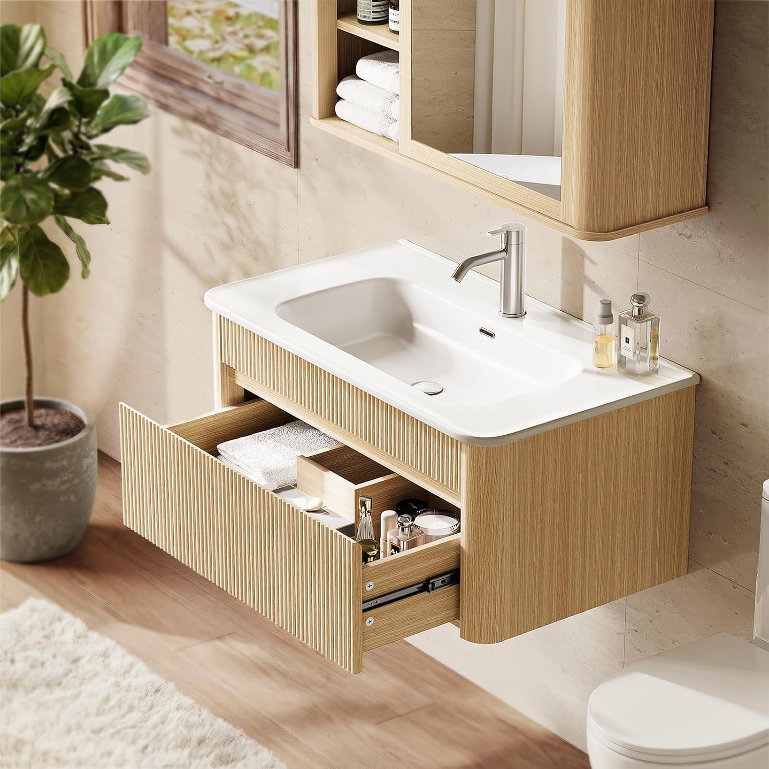 Oak Fluted Wall Mounted Bathroom Vanity