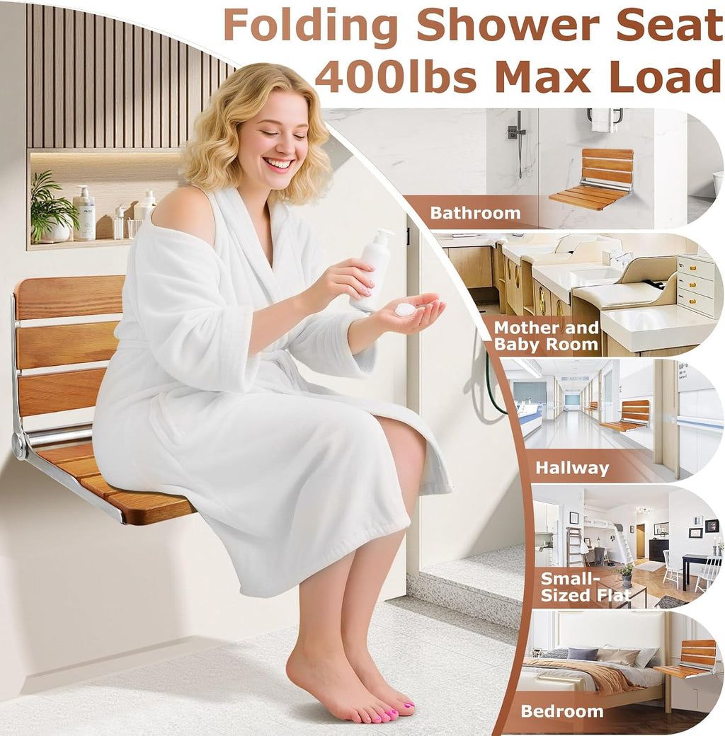 Compact Teak Wall Mounted Foldable Seat