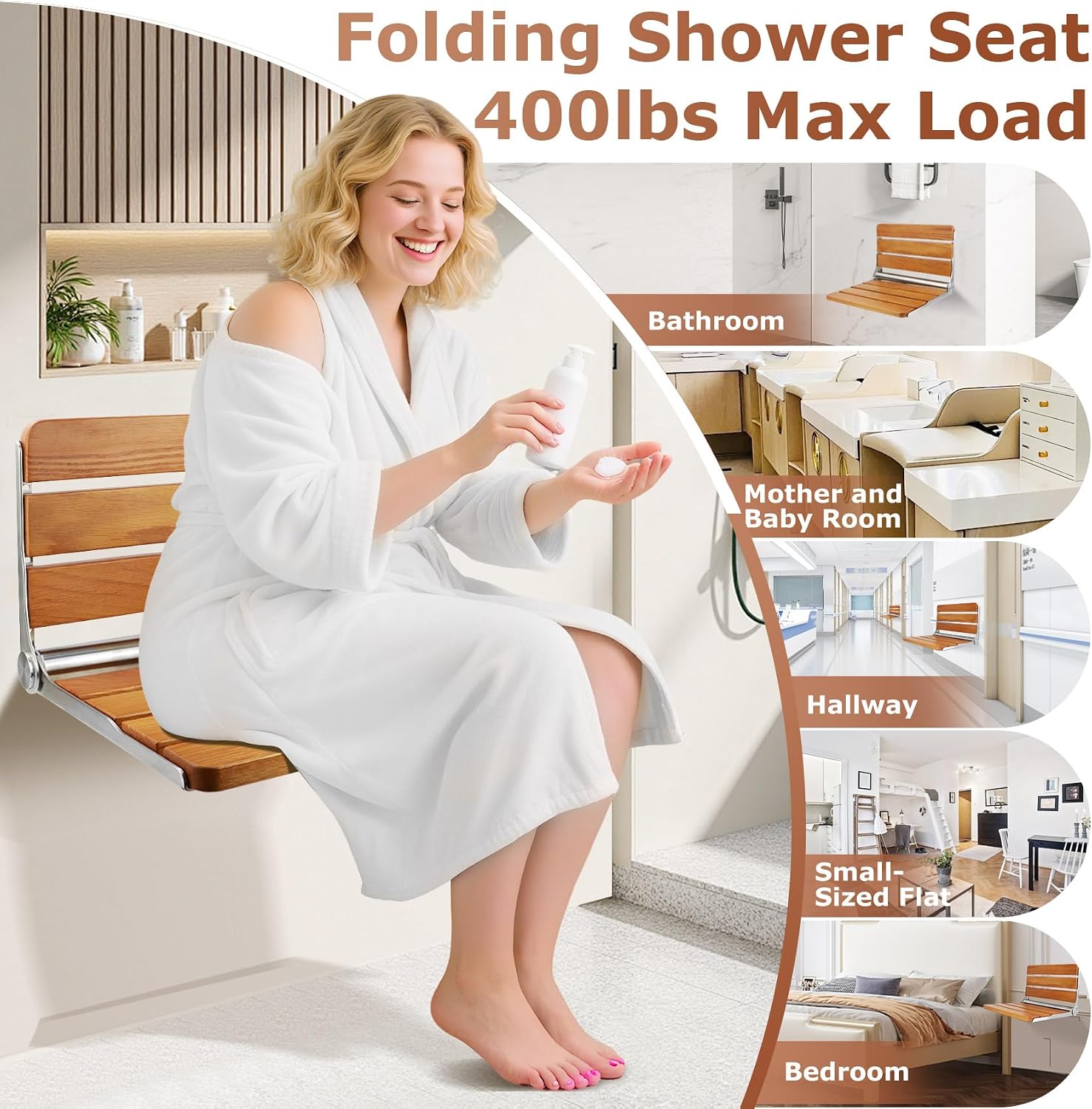 Compact Teak Wall Mounted Foldable Seat