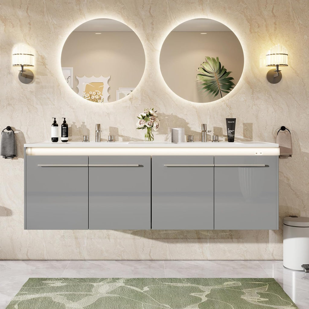 Grey High Gloss LED Floating Double Vanity