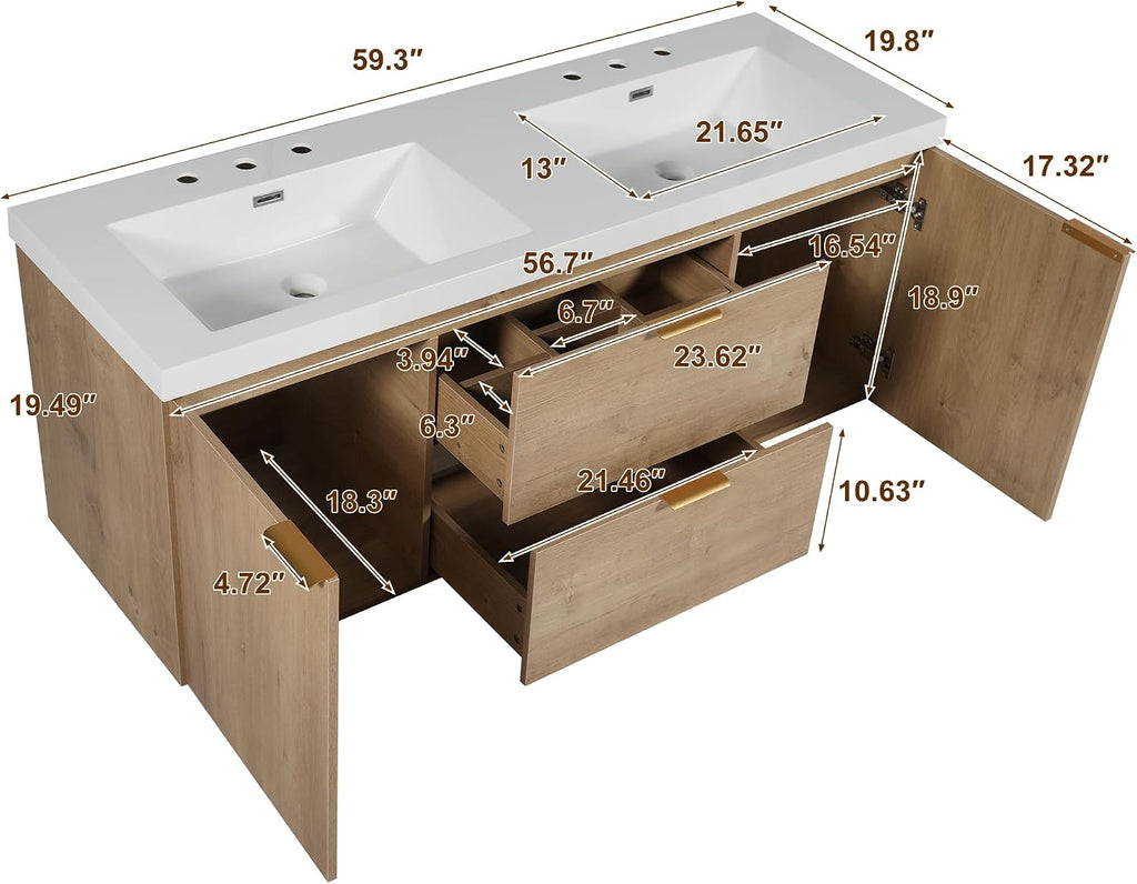 Wood Floating Double Sink Vanity with Gold Handles