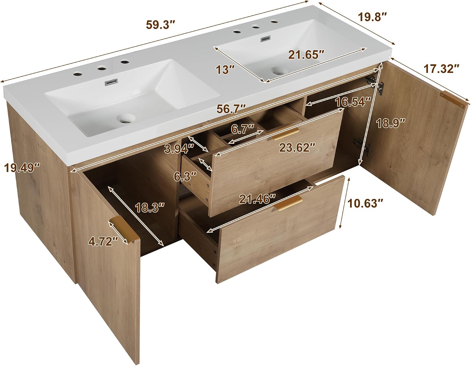 Wood Floating Double Sink Vanity with Gold Handles