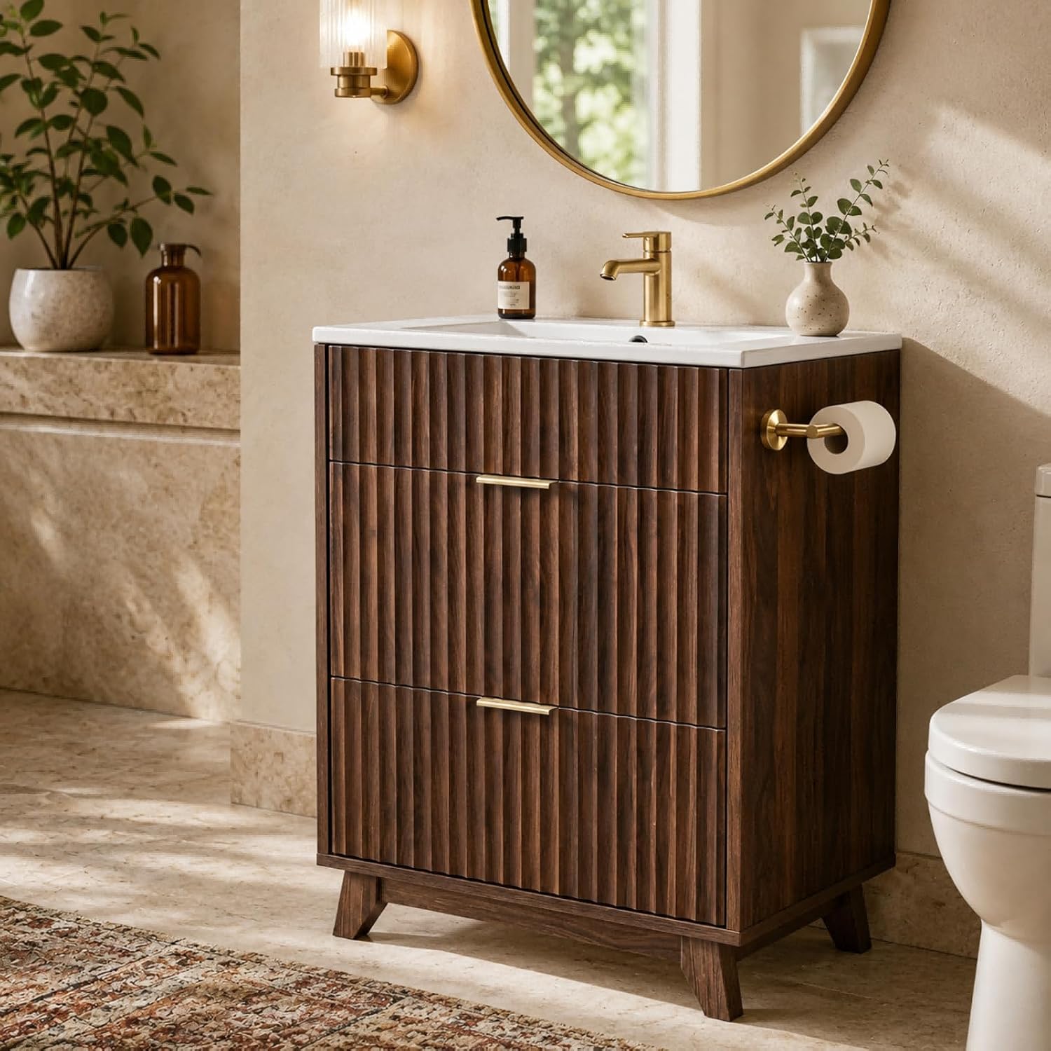 Walnut Fluted Floating Bathroom Vanity