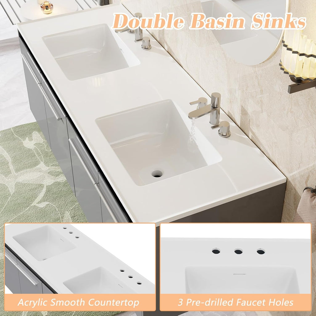 Grey High Gloss LED Floating Double Vanity