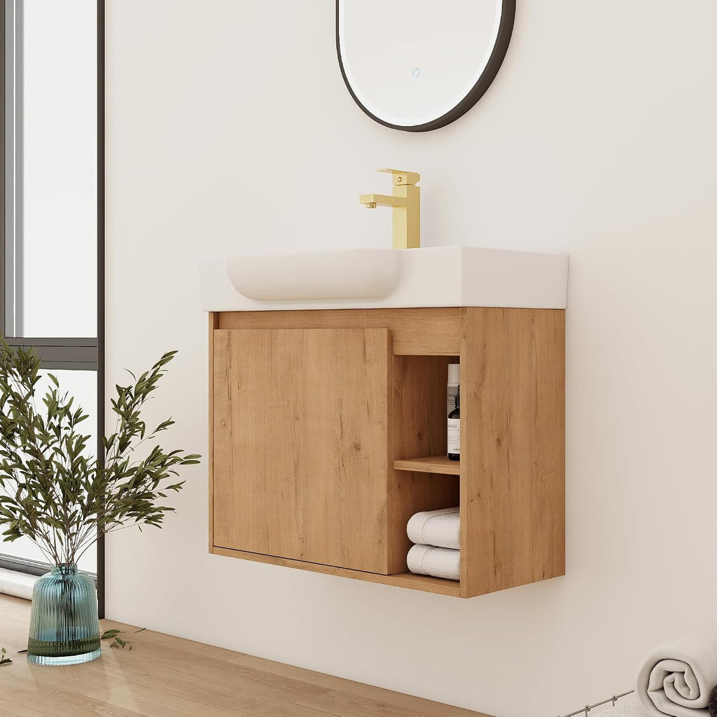 Oak Finish Wall Mounted Bathroom Vanity