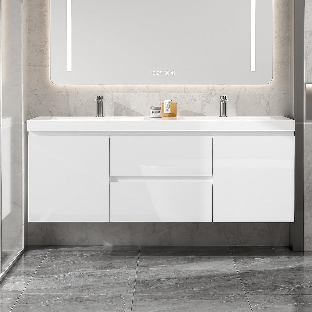 Glossy White Floating Double Sink Vanity Cabinet