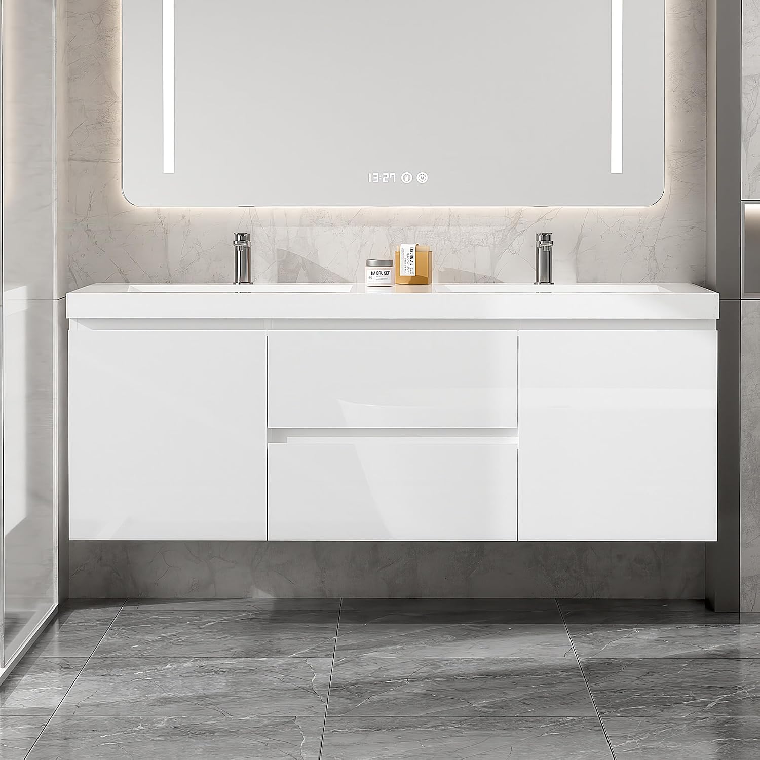 Glossy White Floating Double Sink Vanity Cabinet