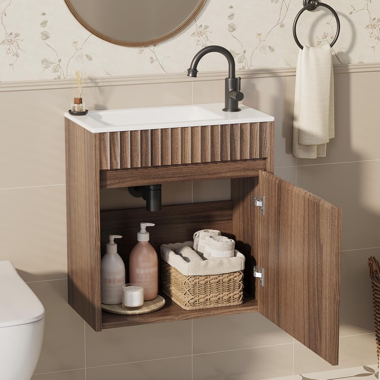 Walnut Fluted Floating Bathroom Vanity