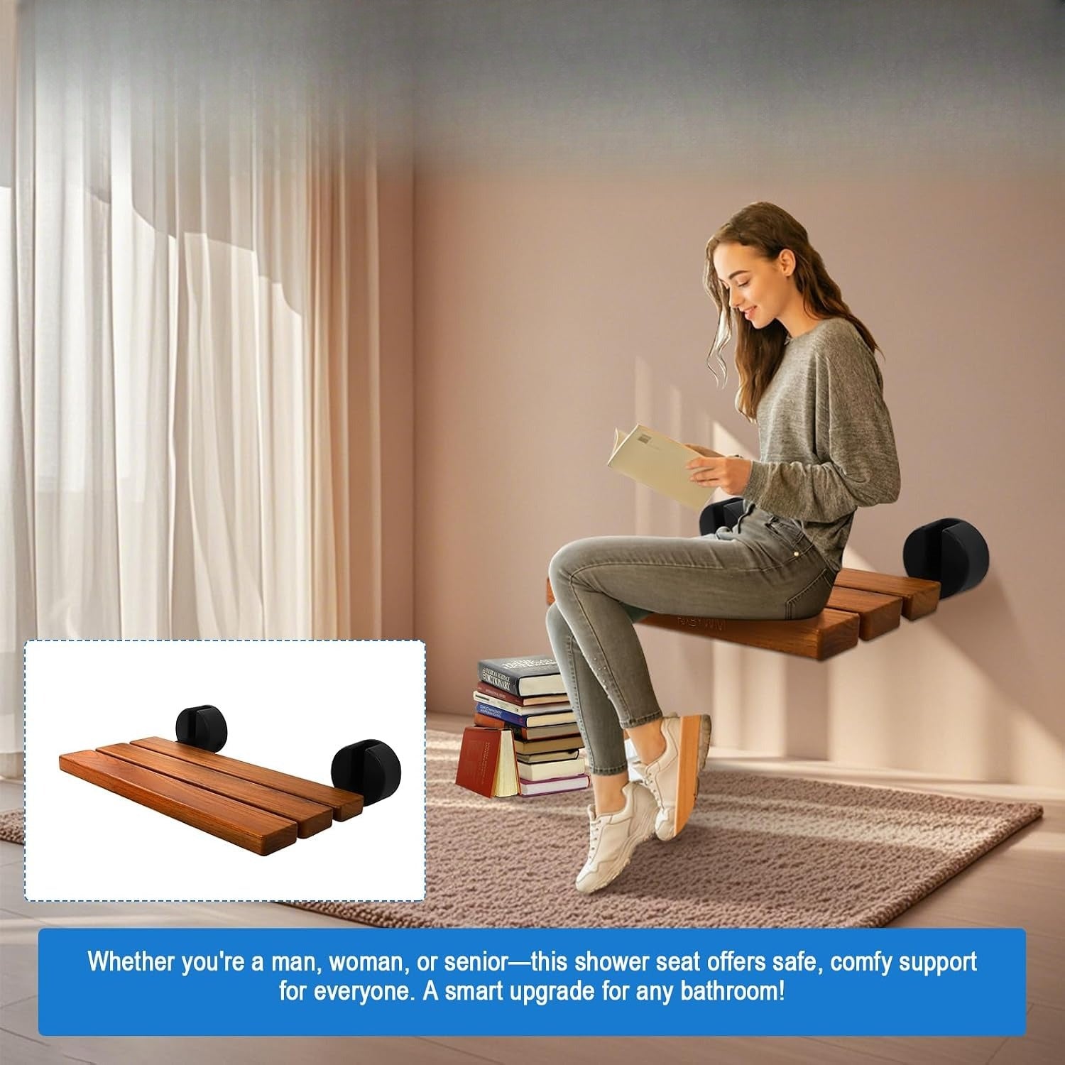 Teak Foldable Wall Mounted Shower Bench