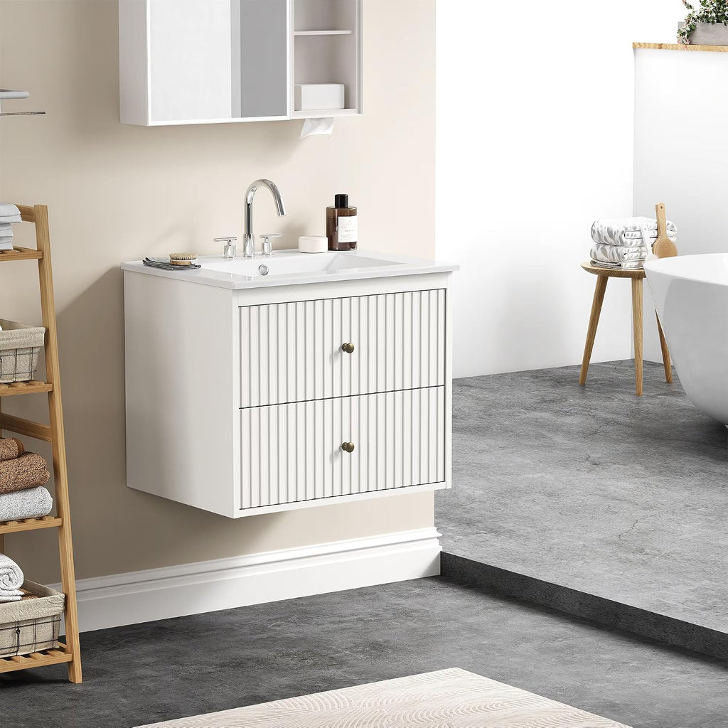 White Fluted Double Sink Floating Vanity