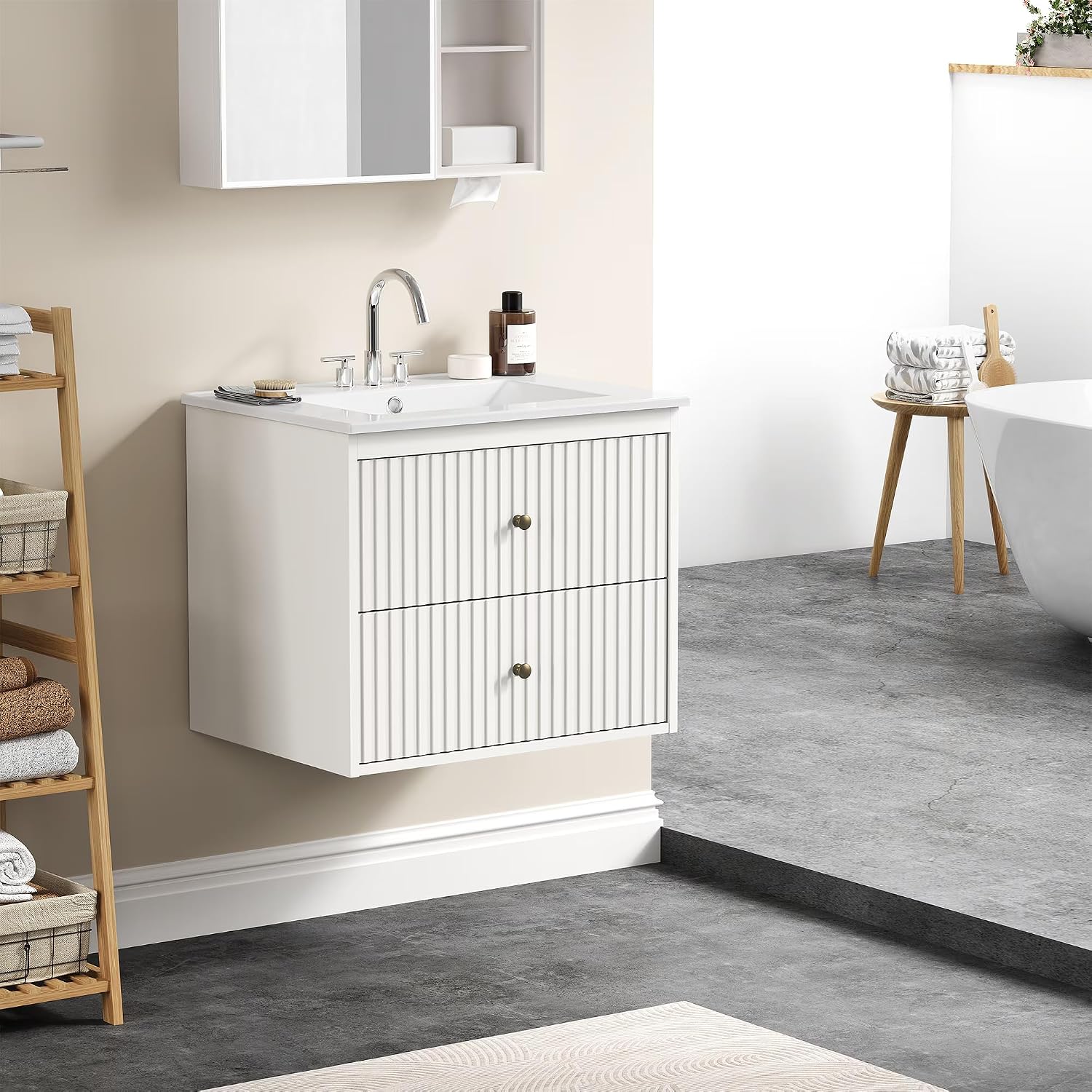 White Fluted Double Sink Floating Vanity