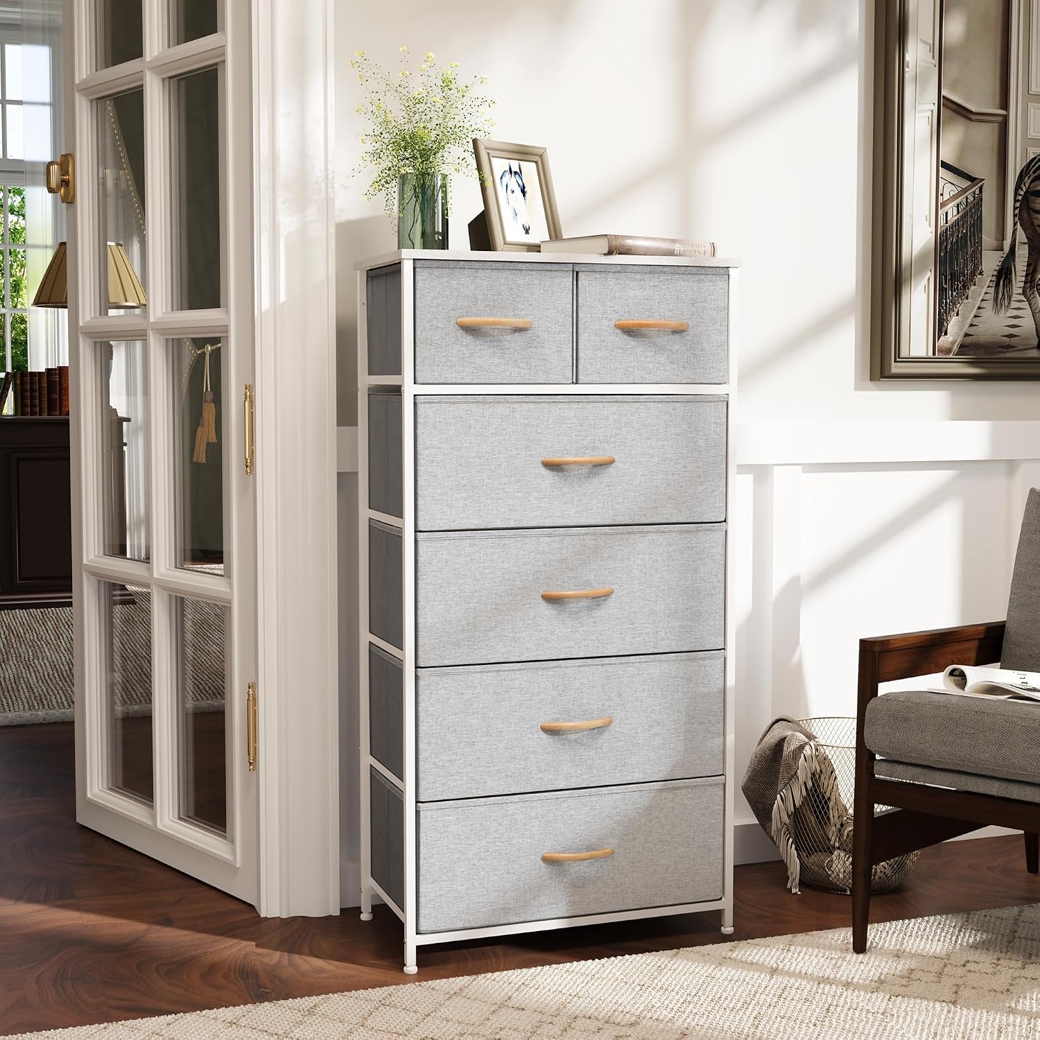 Light Gray 6 Drawer Tall Storage Dresser