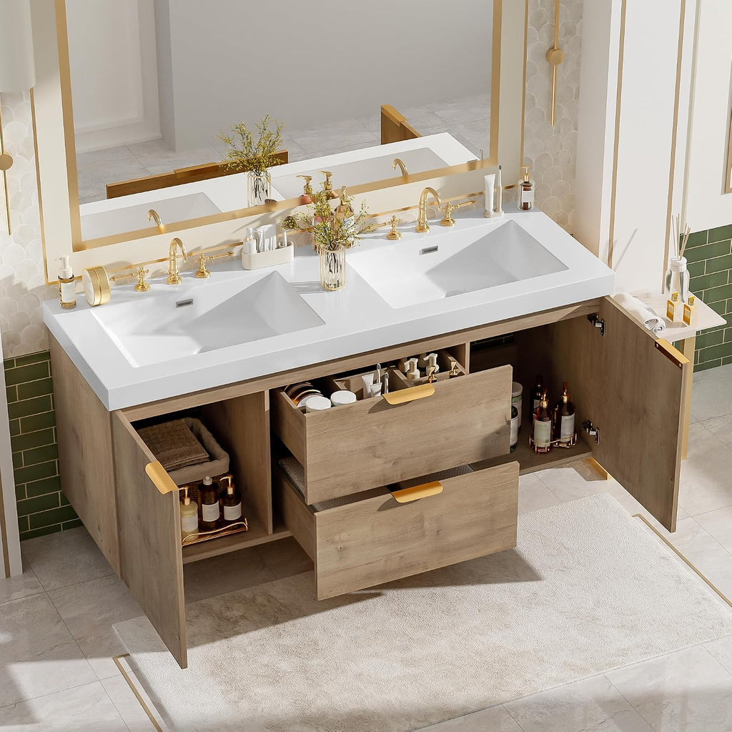 Wood Floating Double Sink Vanity with Gold Handles