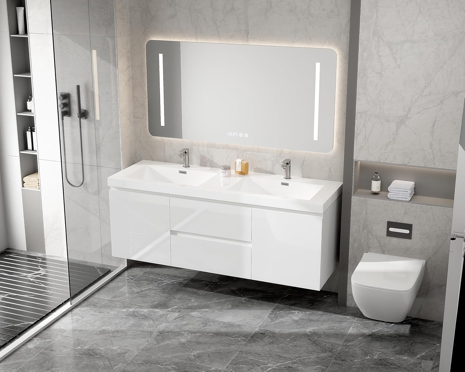 Glossy White Floating Double Sink Vanity Cabinet