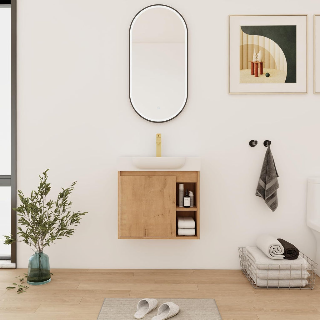 Oak Finish Wall Mounted Bathroom Vanity
