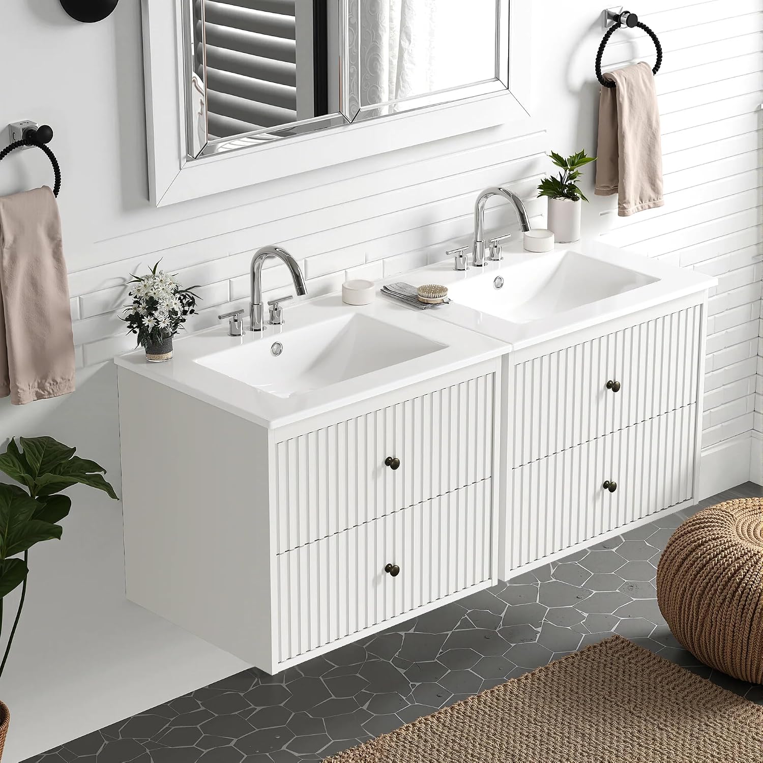 White Fluted Double Sink Floating Vanity