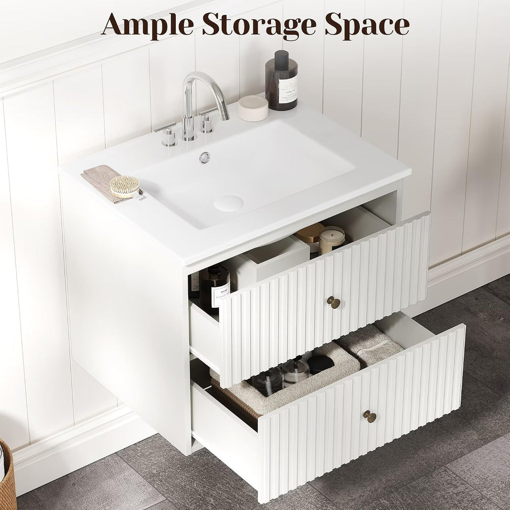 White Fluted Double Sink Floating Vanity