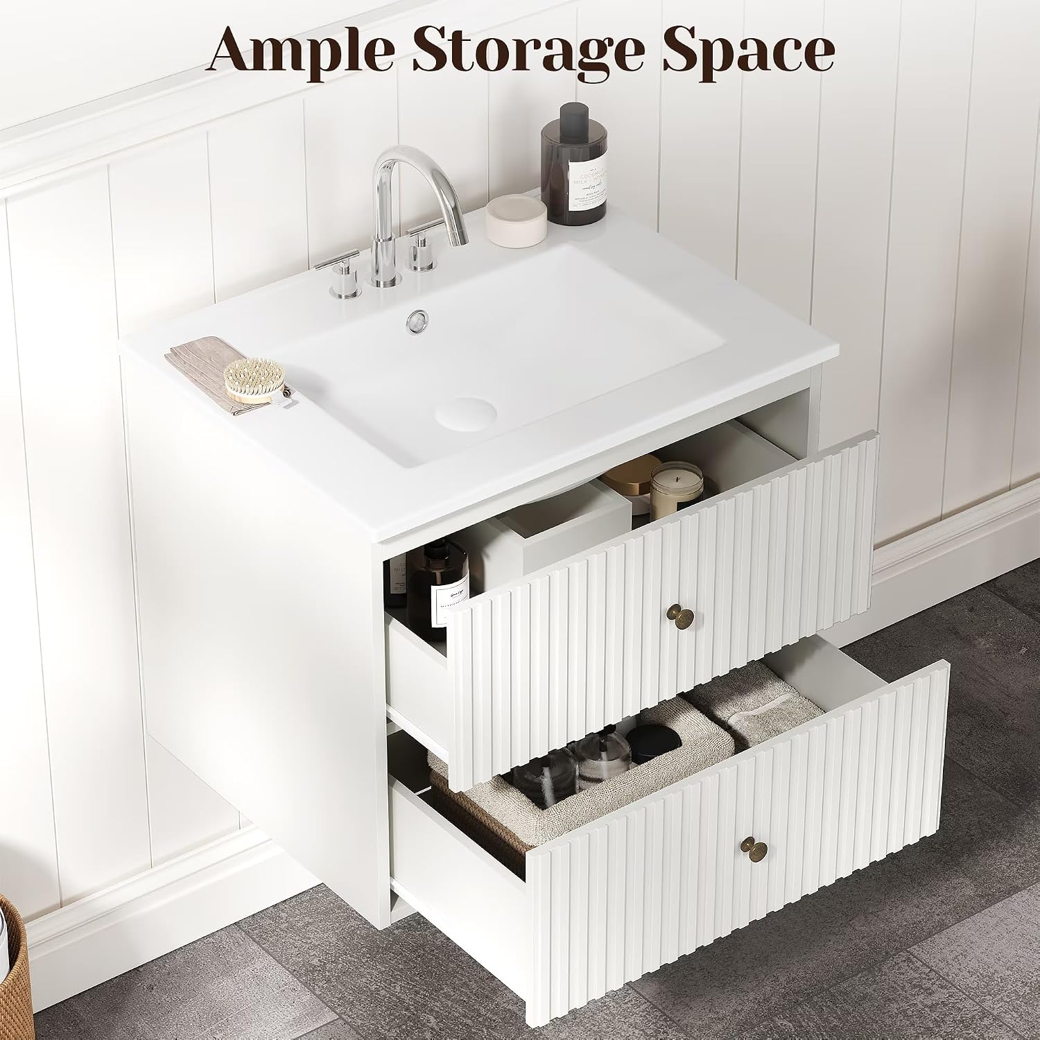 White Fluted Double Sink Floating Vanity