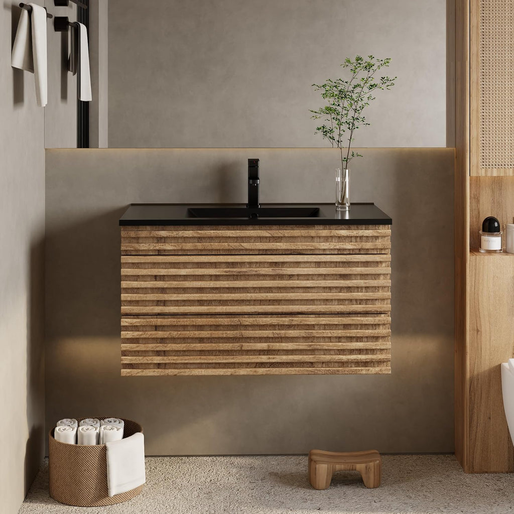 Light Walnut Striped Floating Double Vanity