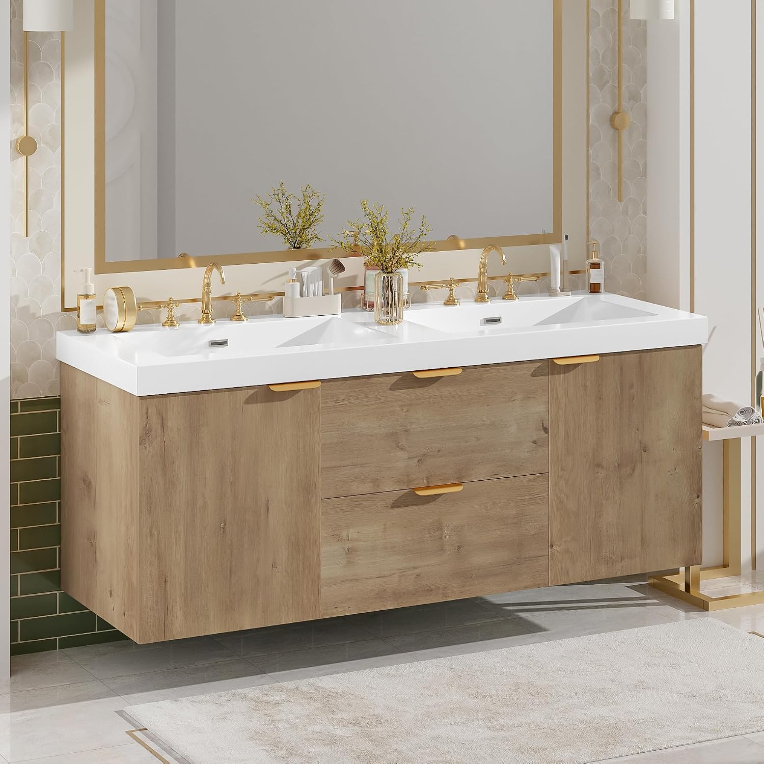 Wood Floating Double Sink Vanity with Gold Handles