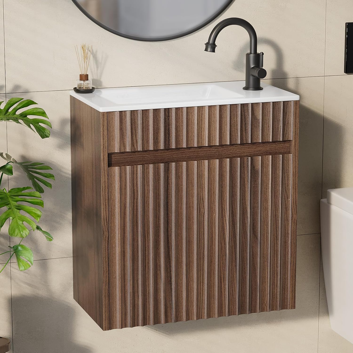 Walnut Fluted Floating Bathroom Vanity