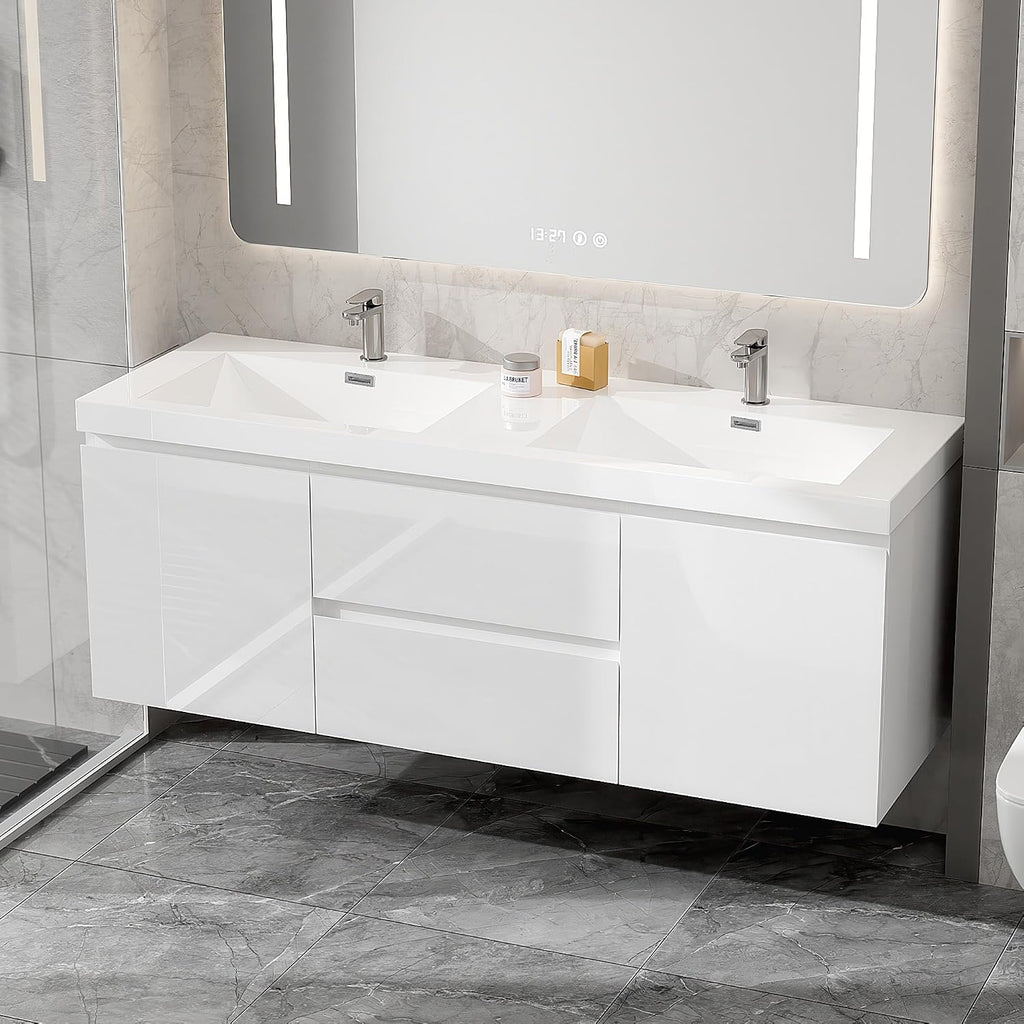 Glossy White Floating Double Sink Vanity Cabinet