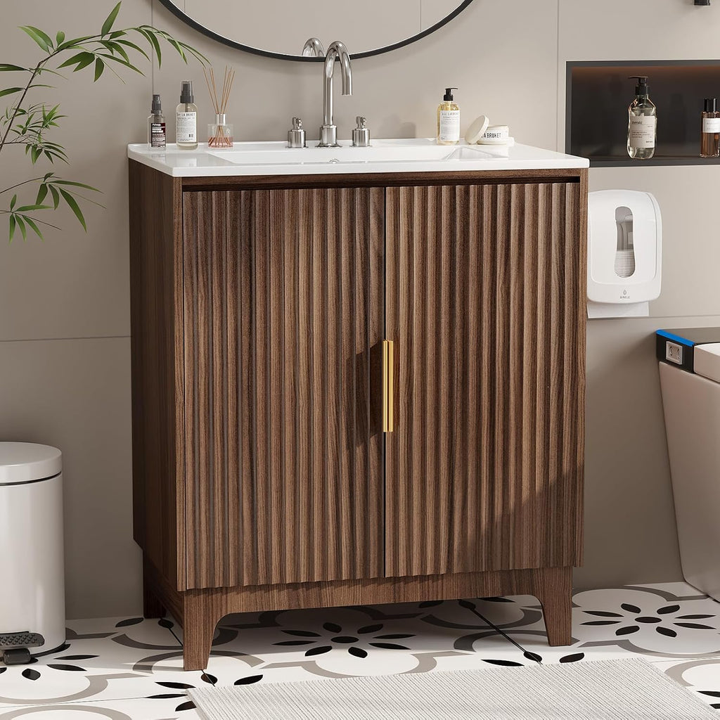 Walnut Fluted Floating Bathroom Vanity