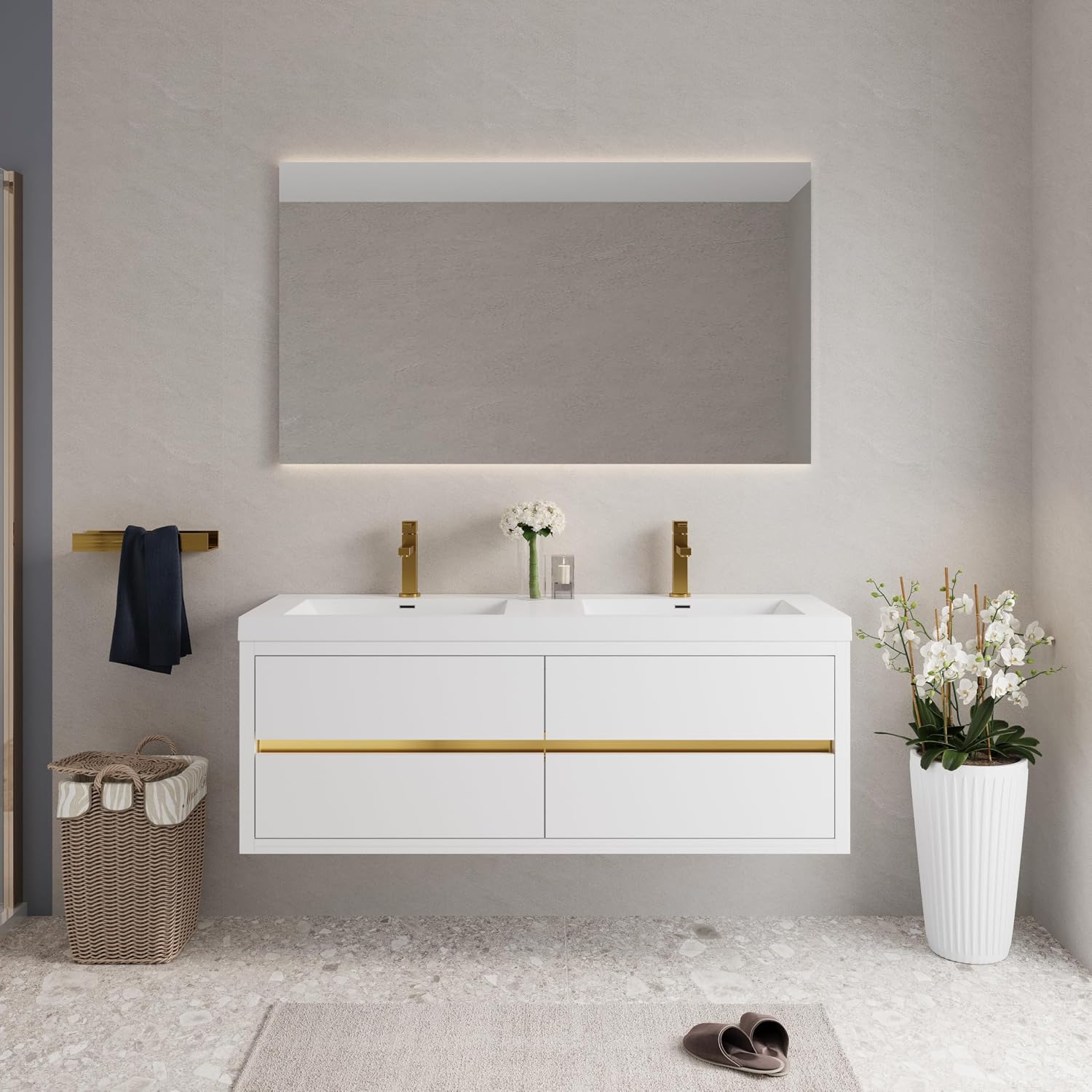 Glossy White Wall Mounted Double Sink Vanity