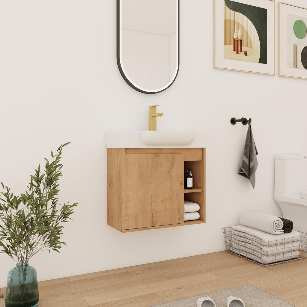 Oak Finish Wall Mounted Bathroom Vanity