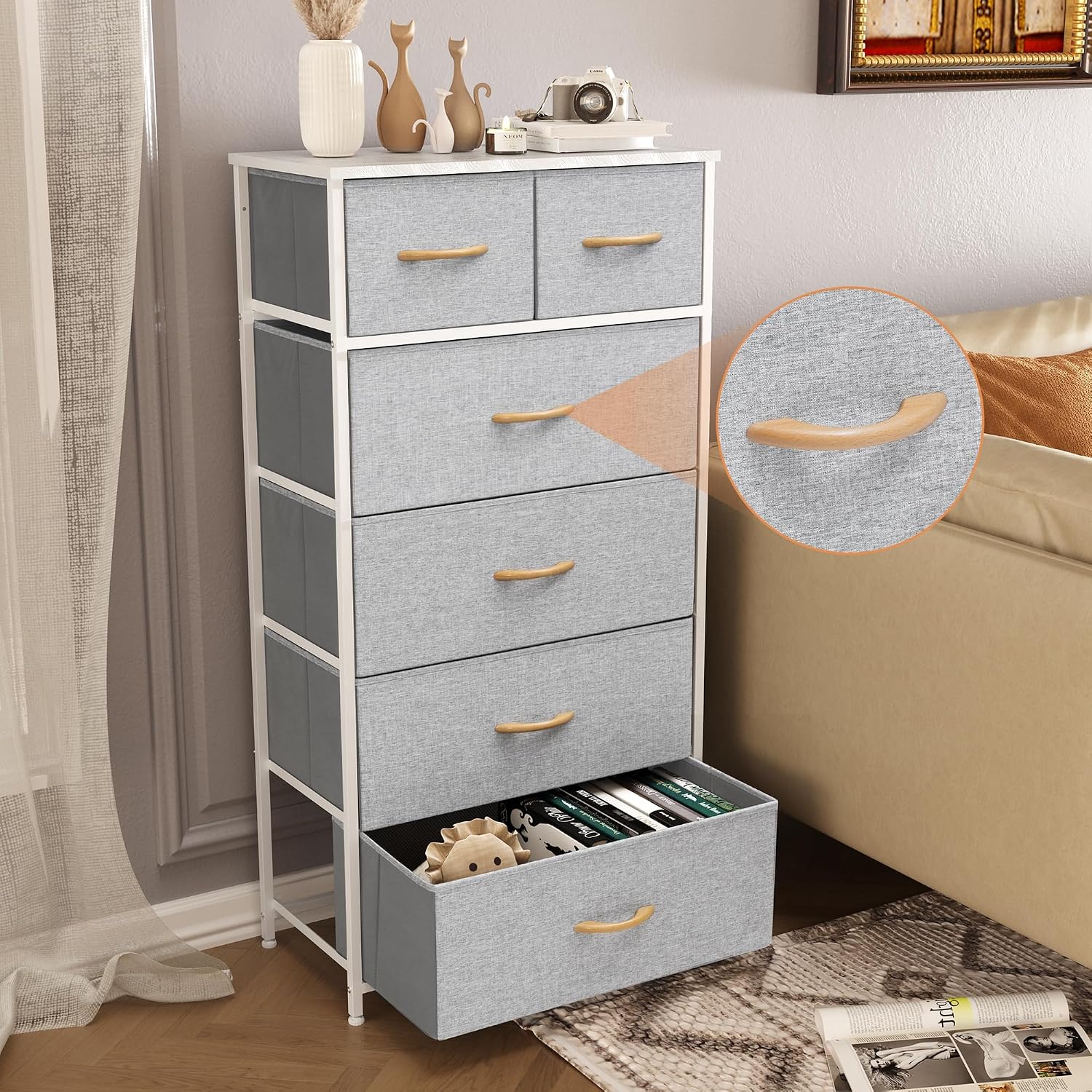Light Gray 6 Drawer Tall Storage Dresser