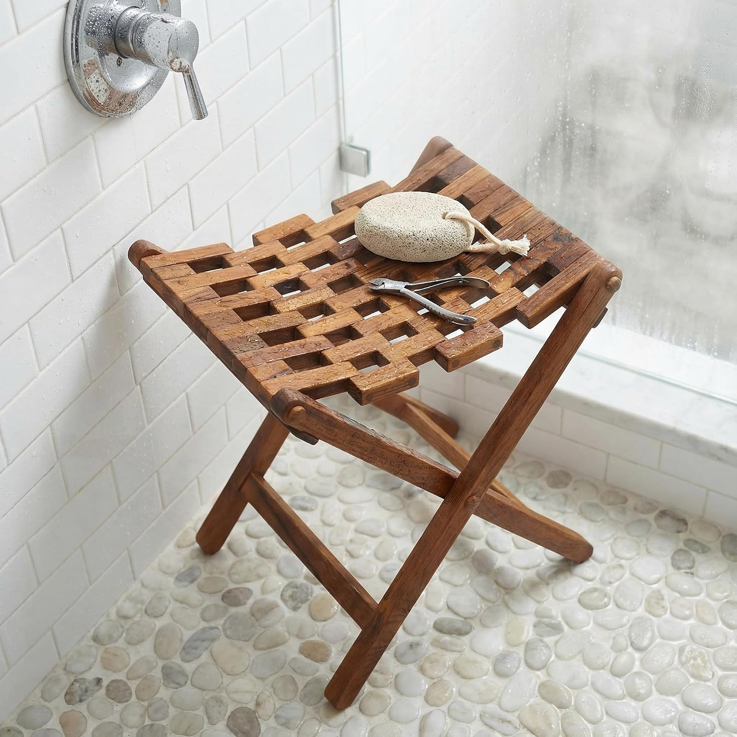 Brown Mosaic Teak Folding Stool