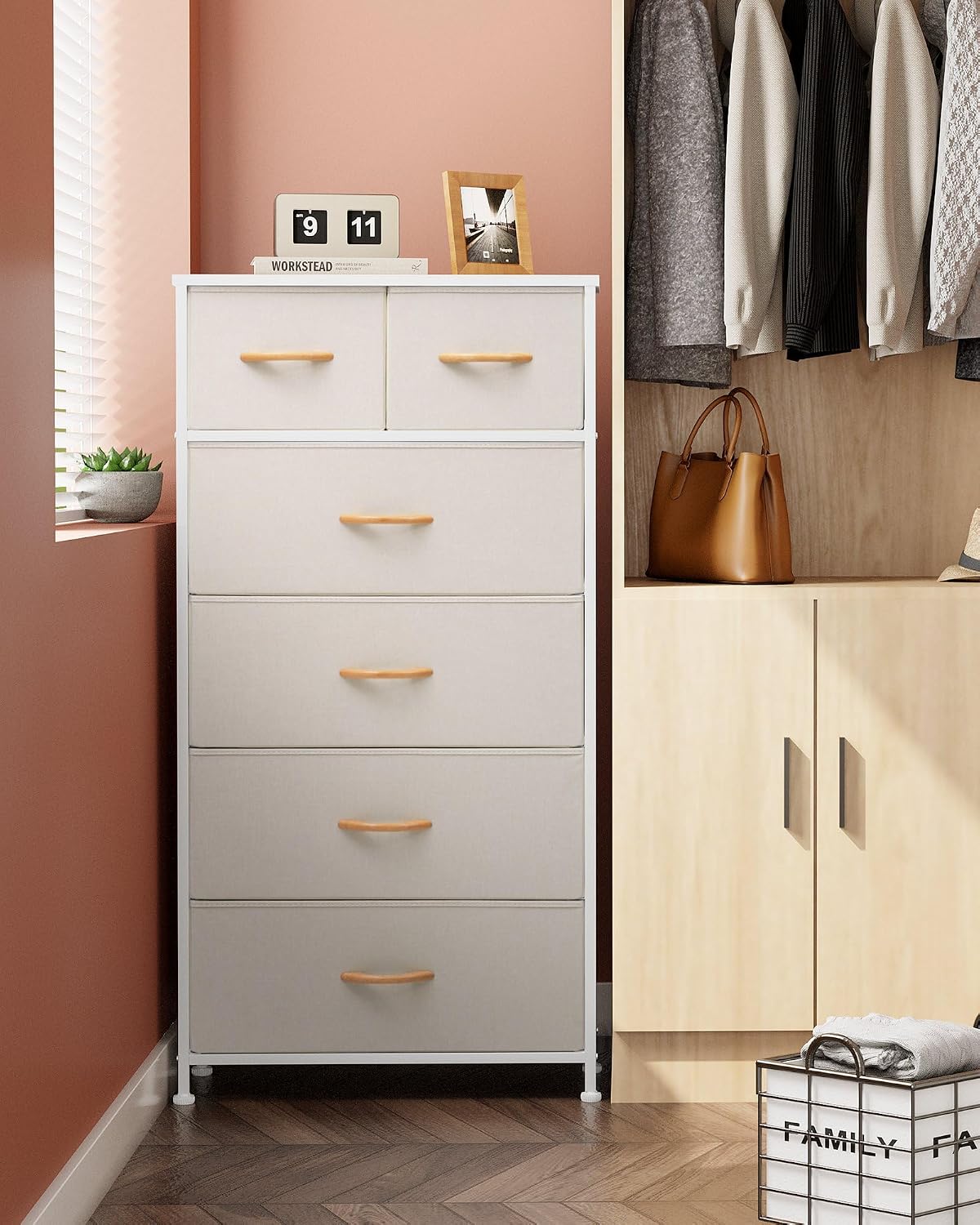 Beige Tall 6 Drawer Storage Dresser