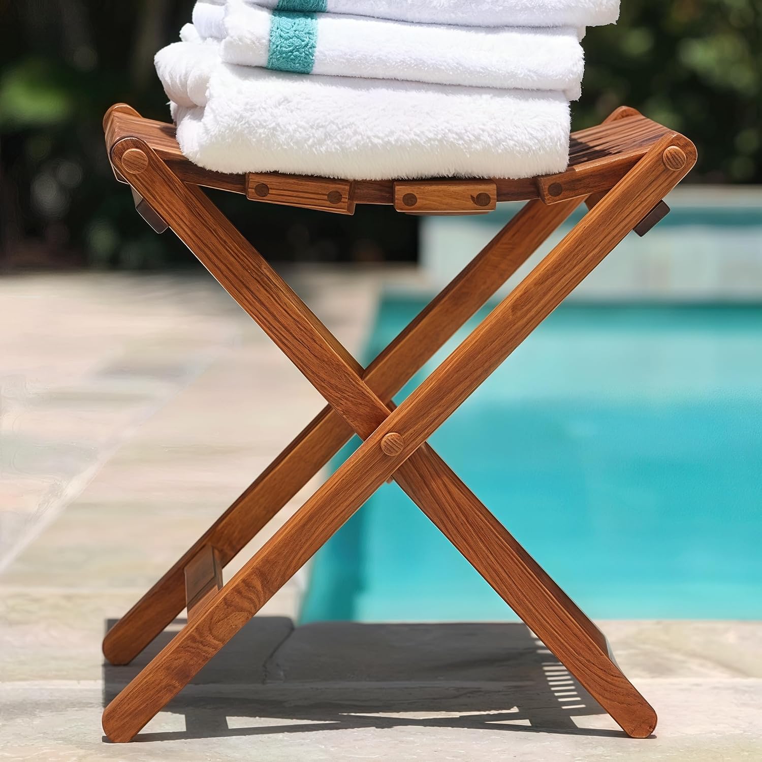 Brown Mosaic Teak Folding Stool