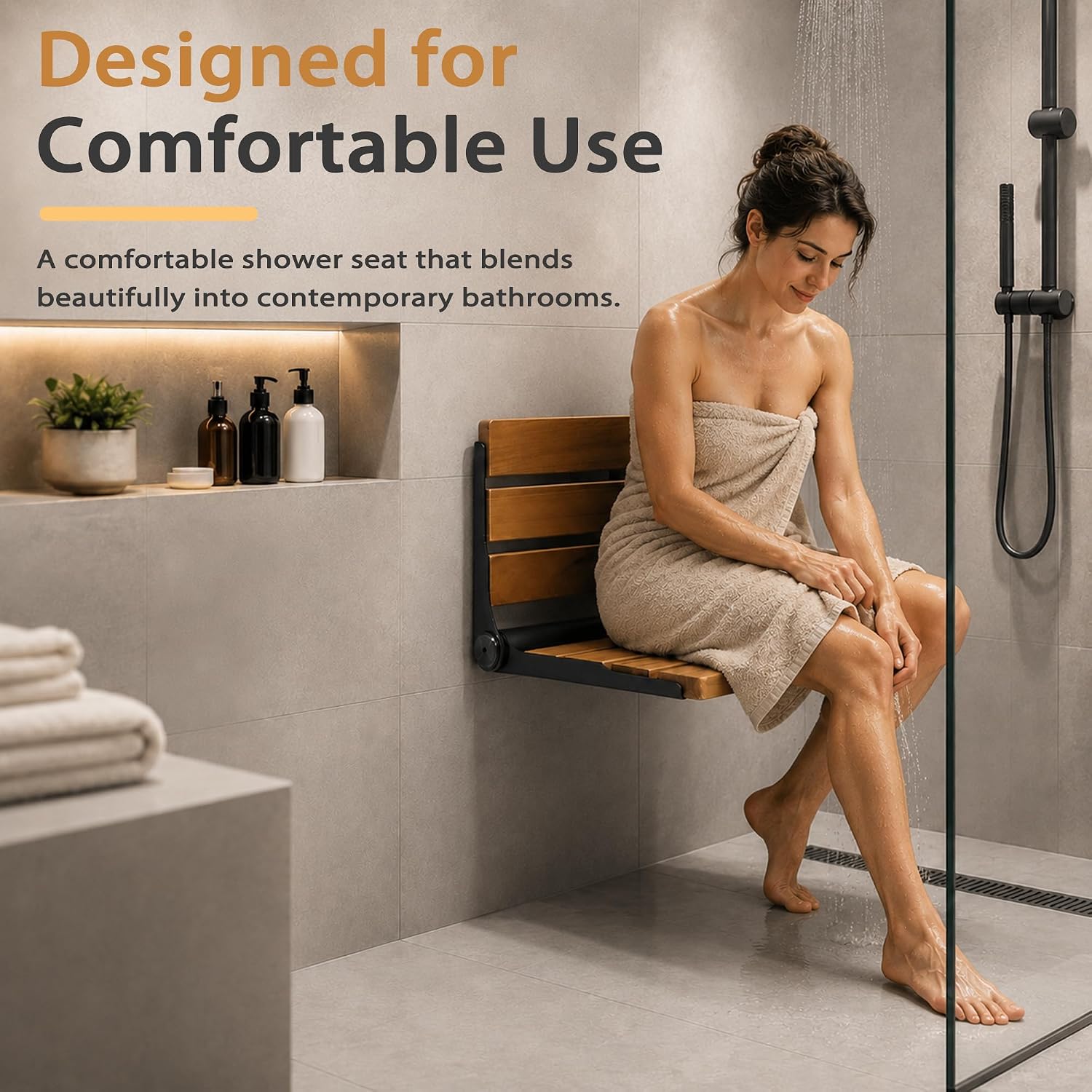 Black Teak Foldable Shower Safety Seat