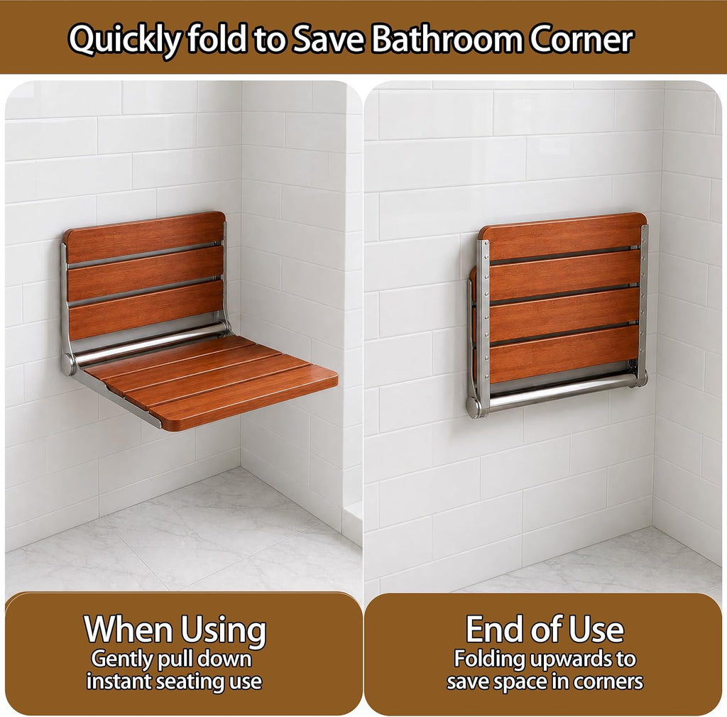Space Saving Teak Wall Foldable Shower Seat