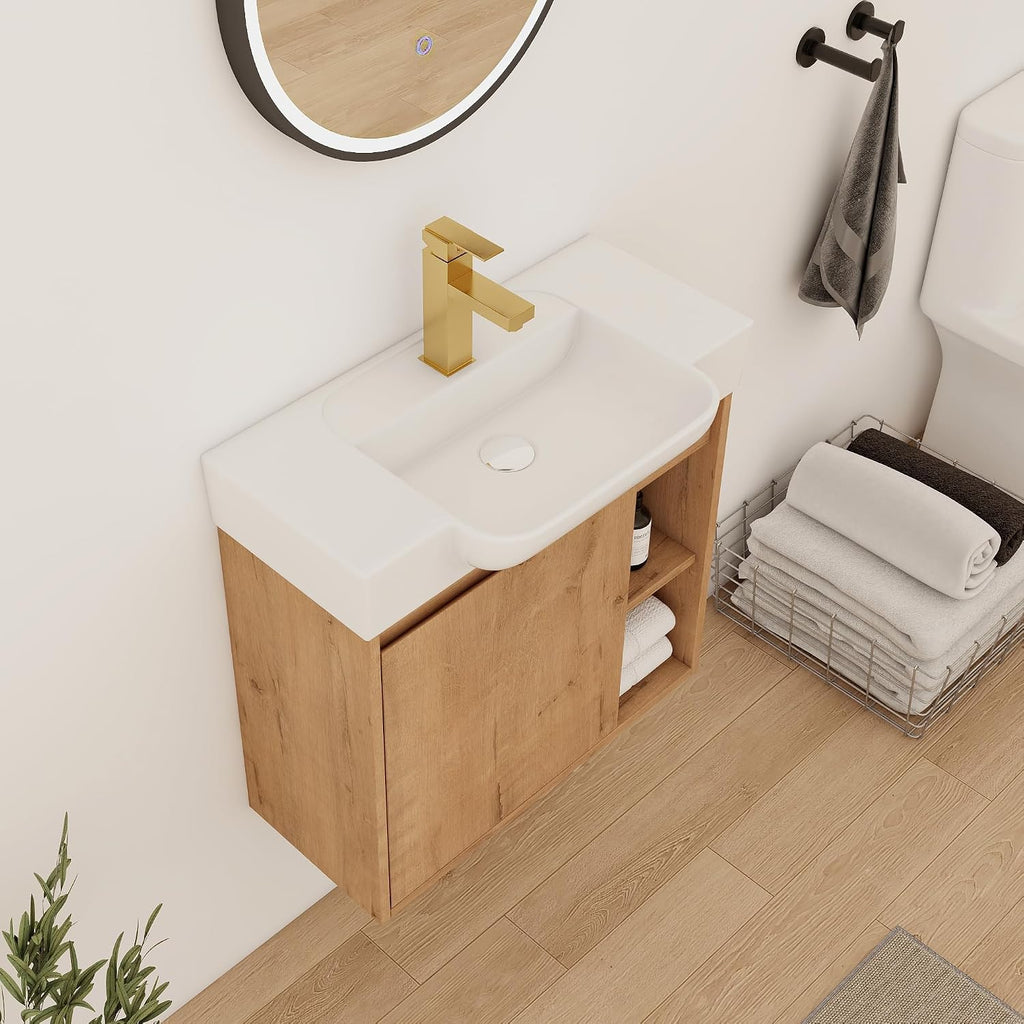 Oak Finish Wall Mounted Bathroom Vanity