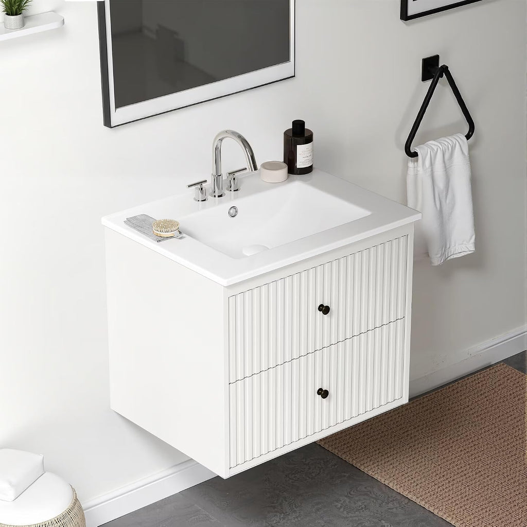 White Fluted Double Sink Floating Vanity